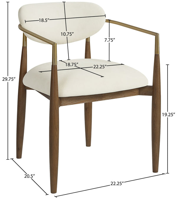 Meridian Furniture Riccio Cream Performance Fabric Dining Arm Chair with Walnut Ash Frame Brass Accents 11023Cream-AC
