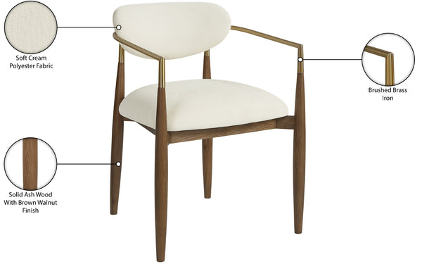 Meridian Furniture Riccio Cream Performance Fabric Dining Arm Chair with Walnut Ash Frame Brass Accents 11023Cream-AC