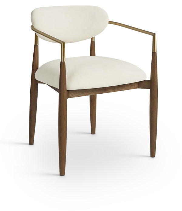 Meridian Furniture Riccio Cream Performance Fabric Dining Arm Chair with Walnut Ash Frame Brass Accents 11023Cream-AC