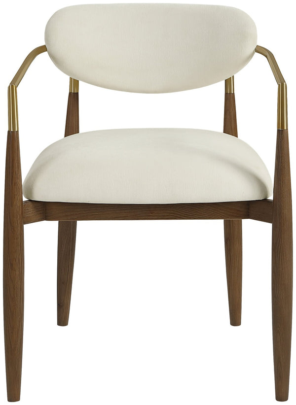 Meridian Furniture Riccio Cream Performance Fabric Dining Arm Chair with Walnut Ash Frame Brass Accents 11023Cream-AC