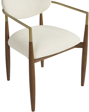 Meridian Furniture Riccio Cream Performance Fabric Dining Arm Chair with Walnut Ash Frame Brass Accents 11023Cream-AC