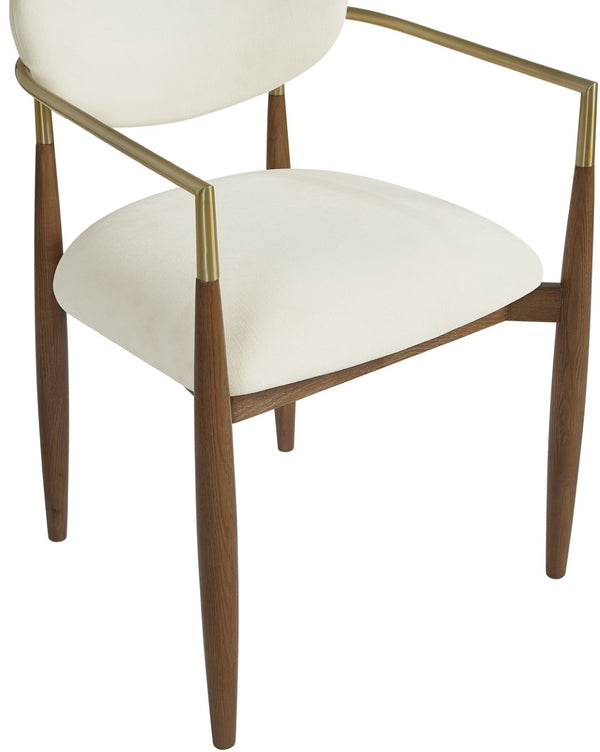 Meridian Furniture Riccio Cream Performance Fabric Dining Arm Chair with Walnut Ash Frame Brass Accents 11023Cream-AC