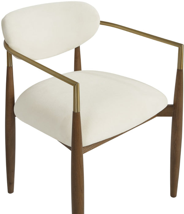 Meridian Furniture Riccio Cream Performance Fabric Dining Arm Chair with Walnut Ash Frame Brass Accents 11023Cream-AC