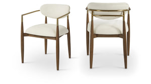Meridian Furniture Riccio Cream Performance Fabric Dining Arm Chair with Walnut Ash Frame Brass Accents 11023Cream-AC