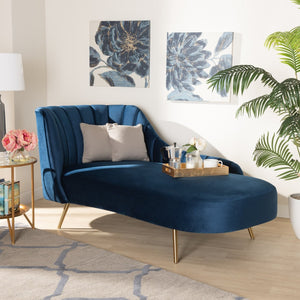 Baxton Studio Baxton Kailyn Luxe Navy Blue Velvet Chaise with Gold Legs - Glamorous Comfort for Modern Spaces TSF-6720-Navy Blue Velvet/Gold-Chaise