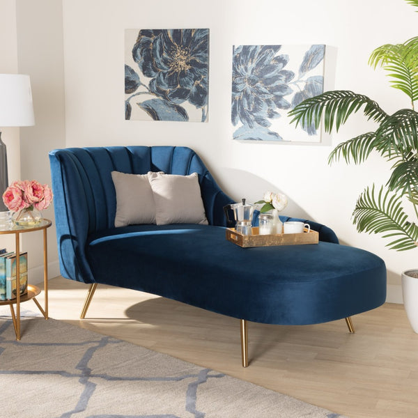 Baxton Studio Baxton Kailyn Luxe Navy Blue Velvet Chaise with Gold Legs - Glamorous Comfort for Modern Spaces TSF-6720-Navy Blue Velvet/Gold-Chaise