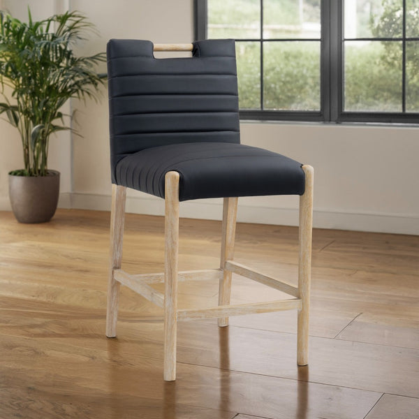 Meridian Furniture Aimee Channel Tufted Vegan Leather Counter Stool with Wood Legs for Kitchen Islands and Bars Black 11028 11028Black-C