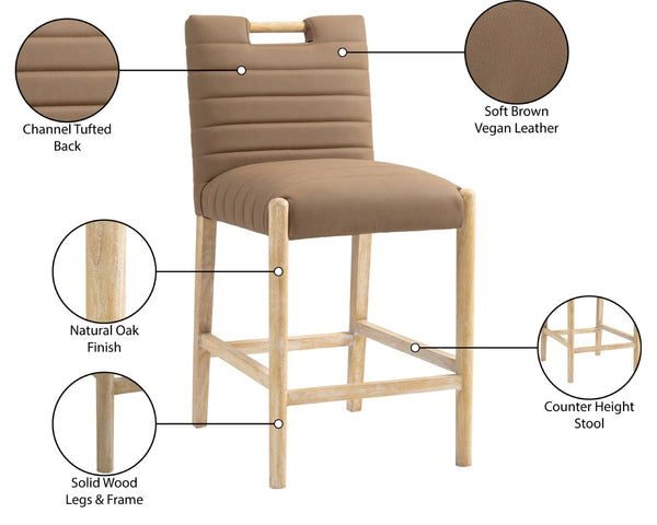 Meridian Furniture Aimee Channel Tufted Vegan Leather Counter Stool with Wood Legs for Kitchen Islands and Bars Brown 11028 11028Brown-C