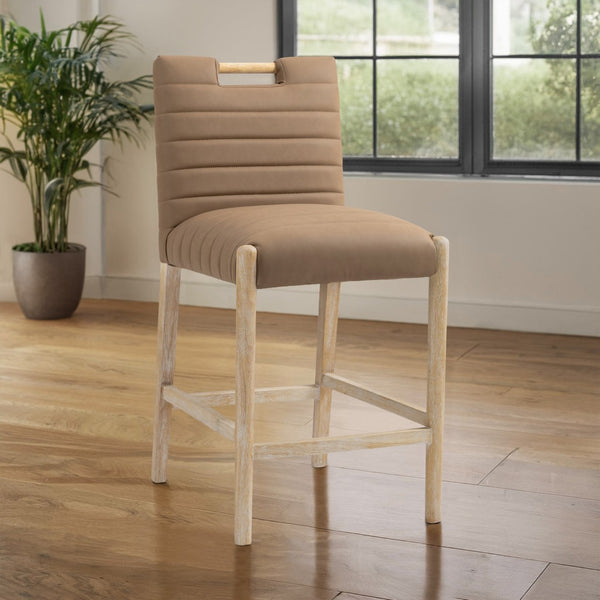 Meridian Furniture Aimee Channel Tufted Vegan Leather Counter Stool with Wood Legs for Kitchen Islands and Bars Brown 11028 11028Brown-C