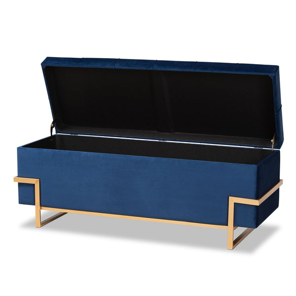 Baxton Studio Baxton Studio Parker Glam Navy Velvet Storage Ottoman with Gold Metal Base for Stylish Organization JY20A122L-Navy Blue/Gold-Storage Otto