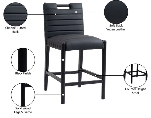 Meridian Furniture Aimee Channel Tufted Vegan Leather Counter Stool with Wood Legs for Kitchen Islands and Bars Black 11029 11029Black-C