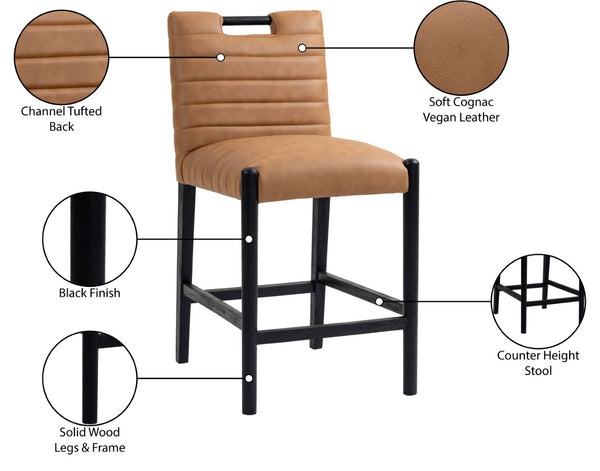 Meridian Furniture Aimee Channel Tufted Vegan Leather Counter Stool with Wood Legs for Kitchen Islands and Bars Cognac 11029 11029Cognac-C