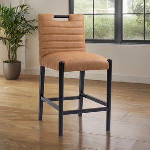 Meridian Furniture Aimee Channel Tufted Vegan Leather Counter Stool with Wood Legs for Kitchen Islands and Bars Cognac 11029 11029Cognac-C