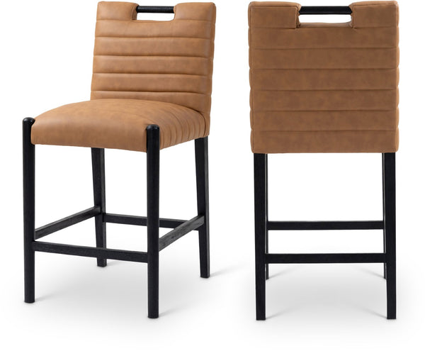 Meridian Furniture Aimee Channel Tufted Vegan Leather Counter Stool with Wood Legs for Kitchen Islands and Bars Cognac 11029 11029Cognac-C