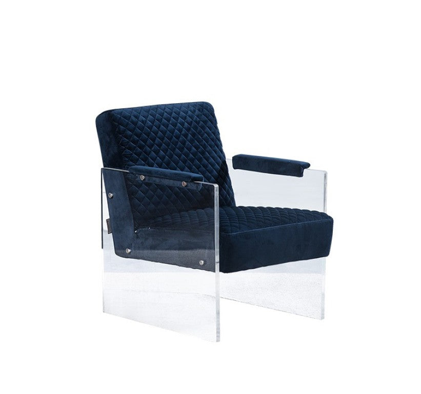 VIG Furniture Edmond Plush Blue Velvet Lounge Chair With Clear Acrylic Legs & Padded Arms — Modern Accent Seating VGCA1102-BLU