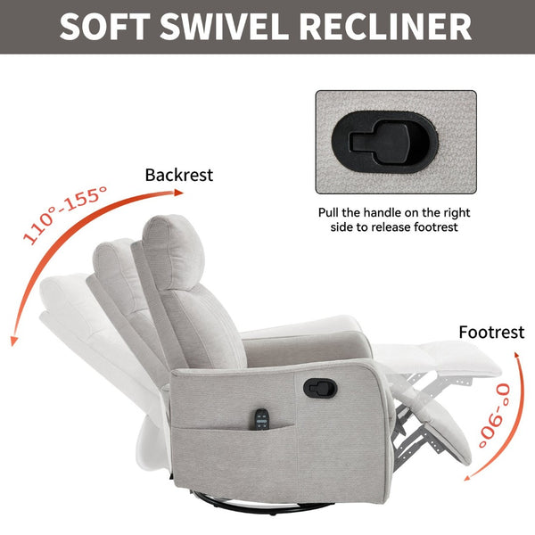 English Elm Blue Fabric Swivel Rocker Recliner with Massage Heat Nodes for Living Room Comfort Light Gray W1803P321838