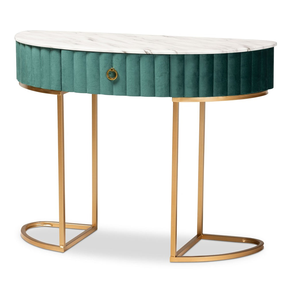 Baxton Studio Baxton Studio Luxe Green Velvet Console Table with Faux Marble Top & Gold Accents for Small Spaces JY20A157-Green/Gold-Console