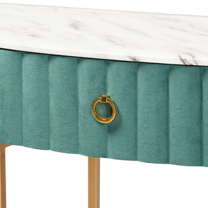 Baxton Studio Baxton Studio Luxe Green Velvet Console Table with Faux Marble Top & Gold Accents for Small Spaces JY20A157-Green/Gold-Console