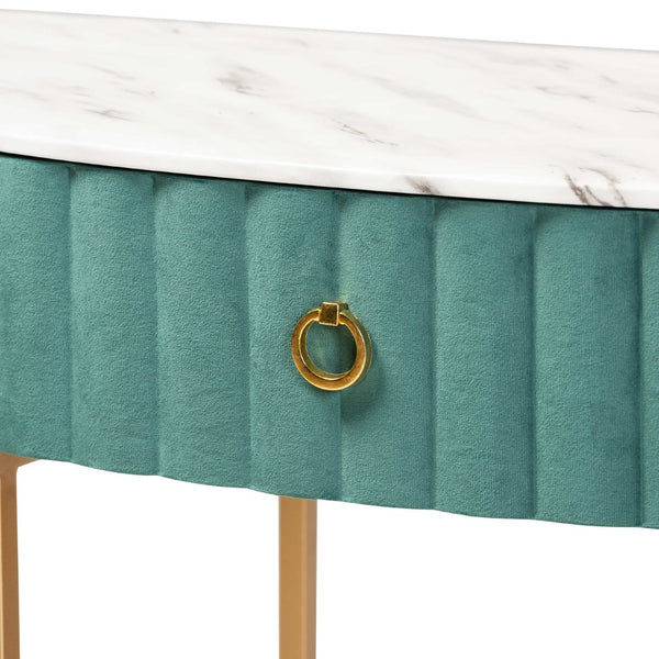 Baxton Studio Baxton Studio Luxe Green Velvet Console Table with Faux Marble Top & Gold Accents for Small Spaces JY20A157-Green/Gold-Console