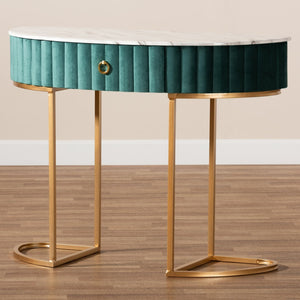 Baxton Studio Baxton Studio Luxe Green Velvet Console Table with Faux Marble Top & Gold Accents for Small Spaces JY20A157-Green/Gold-Console