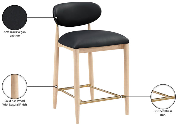Meridian Furniture Riccio Counter Stool with Ash Wood Frame Vegan Leather Seat and Brass Accents 11030Black-C