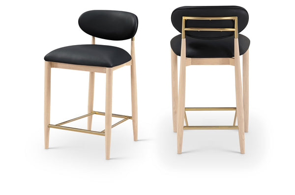 Meridian Furniture Riccio Counter Stool with Ash Wood Frame Vegan Leather Seat and Brass Accents 11030Black-C