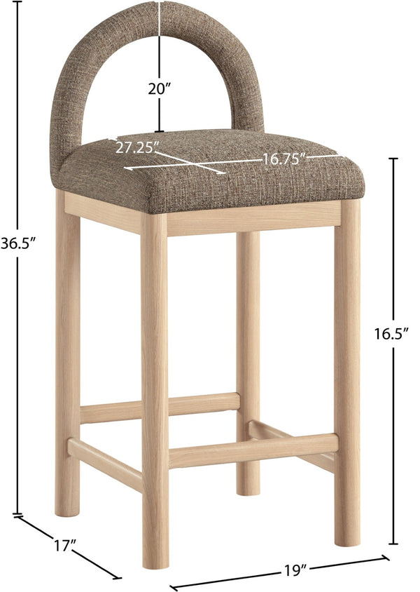 Meridian Furniture Conrad Arched Back Counter Stool with Linen Weave Upholstery and Natural Wood Legs 11031Brown-C