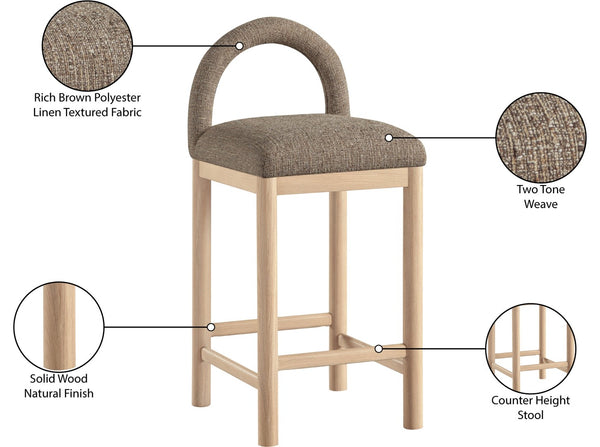 Meridian Furniture Conrad Arched Back Counter Stool with Linen Weave Upholstery and Natural Wood Legs 11031Brown-C