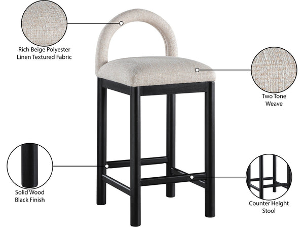 Meridian Furniture Conrad Arched Back Linen Weave Counter Stool with Matte Black Wood Legs 11032Beige-C