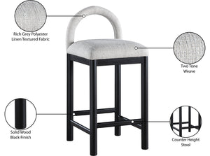 Meridian Furniture Conrad Arched Back Counter Stool in Grey Linen Fabric with Black Wood Legs 11032Grey-C