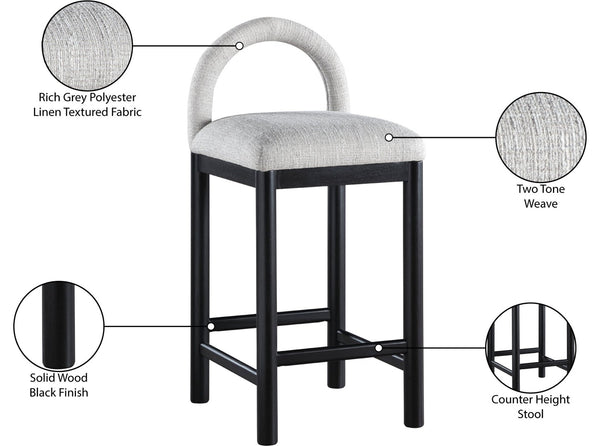 Meridian Furniture Conrad Arched Back Counter Stool in Grey Linen Fabric with Black Wood Legs 11032Grey-C