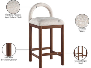 Meridian Furniture Conrad Arched Back Linen Upholstered Counter Stool with Walnut Legs for Kitchen Bars 11033Beige-C
