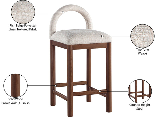 Meridian Furniture Conrad Arched Back Linen Upholstered Counter Stool with Walnut Legs for Kitchen Bars 11033Beige-C