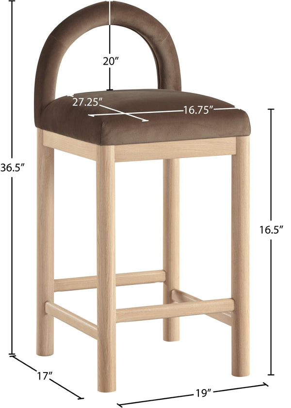 Meridian Furniture Conrad Plush Velvet Counter Stool with Arched Back and Natural Wood Legs for Kitchen Islands 11034Brown-C