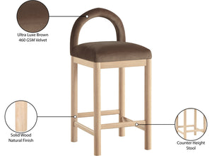 Meridian Furniture Conrad Plush Velvet Counter Stool with Arched Back and Natural Wood Legs for Kitchen Islands 11034Brown-C