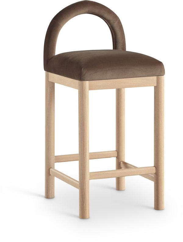 Meridian Furniture Conrad Plush Velvet Counter Stool with Arched Back and Natural Wood Legs for Kitchen Islands 11034Brown-C