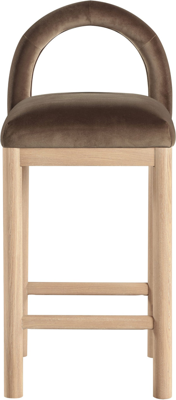 Meridian Furniture Conrad Plush Velvet Counter Stool with Arched Back and Natural Wood Legs for Kitchen Islands 11034Brown-C