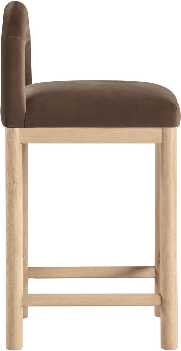 Meridian Furniture Conrad Plush Velvet Counter Stool with Arched Back and Natural Wood Legs for Kitchen Islands 11034Brown-C