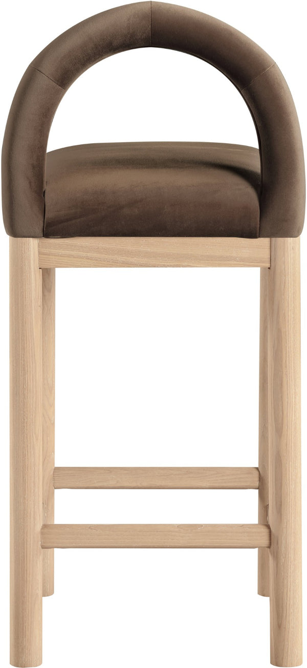 Meridian Furniture Conrad Plush Velvet Counter Stool with Arched Back and Natural Wood Legs for Kitchen Islands 11034Brown-C