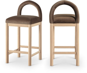 Meridian Furniture Conrad Plush Velvet Counter Stool with Arched Back and Natural Wood Legs for Kitchen Islands 11034Brown-C