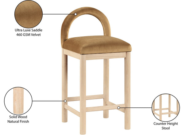 Meridian Furniture Conrad Saddle Velvet Counter Stool Sculptural Arched Back for Kitchen or Island 11034Saddle-C
