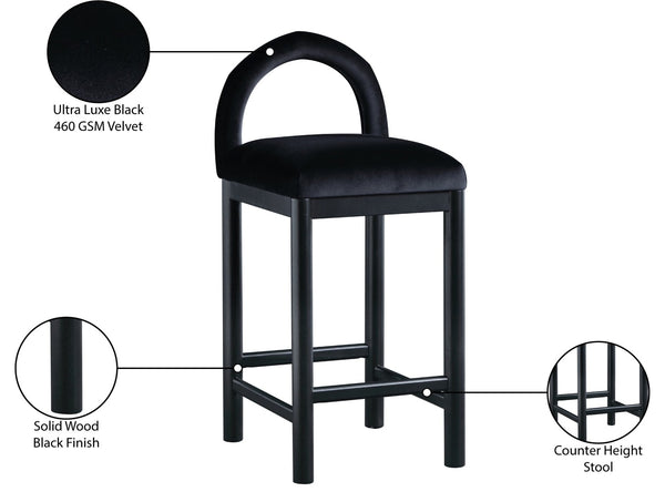 Meridian Furniture Conrad Sculptural Arched Velvet Counter Stool with Solid Wood Legs for Kitchen Islands 11035Black-C