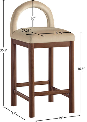 Meridian Furniture Conrad Sculptural Velvet Counter Stool with Walnut Legs for Kitchen or Home Bar 11036Beige-C