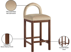 Meridian Furniture Conrad Sculptural Velvet Counter Stool with Walnut Legs for Kitchen or Home Bar 11036Beige-C