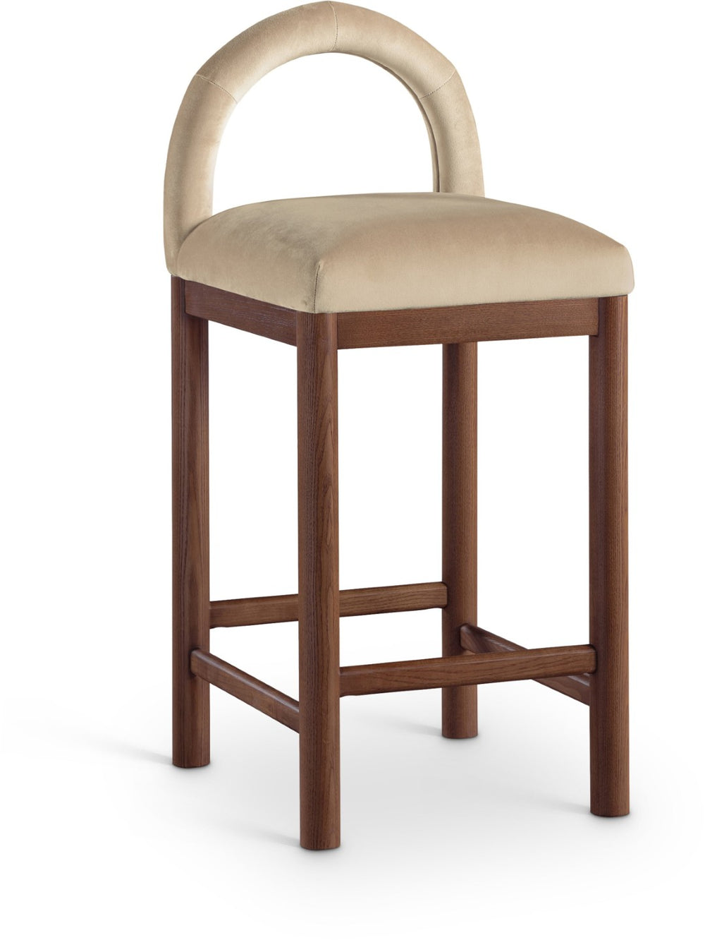 Meridian Furniture Conrad Sculptural Velvet Counter Stool with Walnut Legs for Kitchen or Home Bar 11036Beige-C