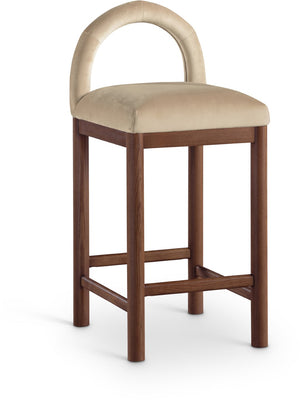 Meridian Furniture Conrad Sculptural Velvet Counter Stool with Walnut Legs for Kitchen or Home Bar 11036Beige-C