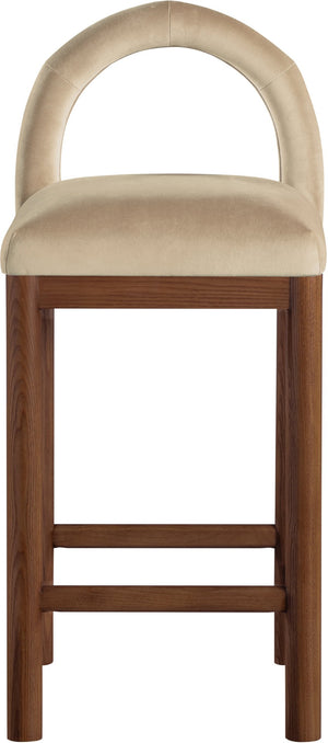 Meridian Furniture Conrad Sculptural Velvet Counter Stool with Walnut Legs for Kitchen or Home Bar 11036Beige-C