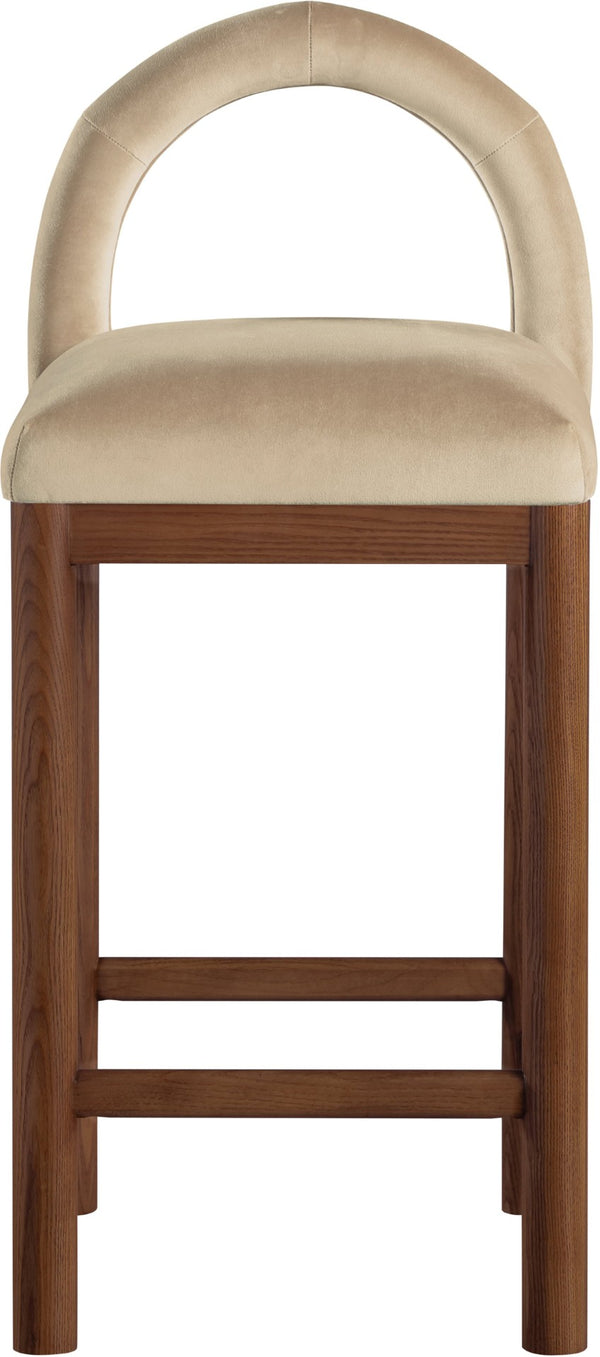 Meridian Furniture Conrad Sculptural Velvet Counter Stool with Walnut Legs for Kitchen or Home Bar 11036Beige-C