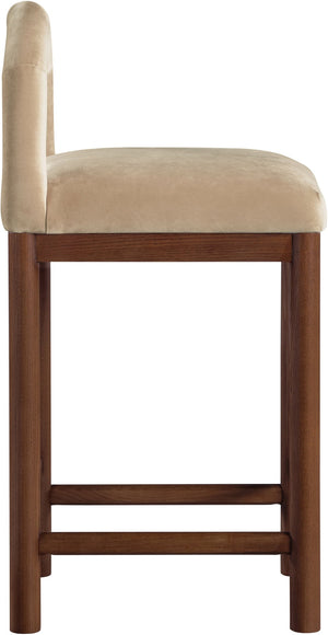Meridian Furniture Conrad Sculptural Velvet Counter Stool with Walnut Legs for Kitchen or Home Bar 11036Beige-C