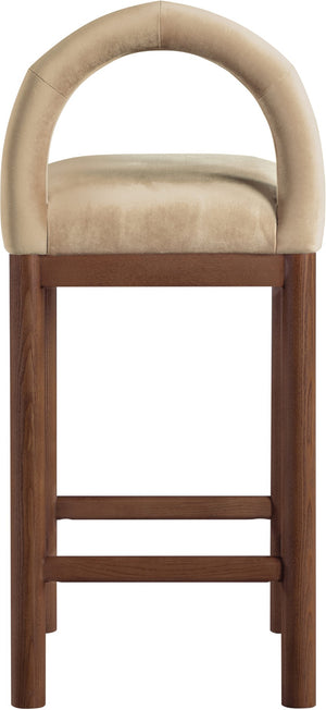 Meridian Furniture Conrad Sculptural Velvet Counter Stool with Walnut Legs for Kitchen or Home Bar 11036Beige-C